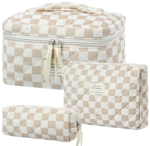 BuyCard Lot de 3 Trousses de Toilette pour Femme avec Motif Floral - Trousse de Toilette matelassée - Portable - pour Les Voyages et la Vie Quotidienne (3, Chèque Kaki)