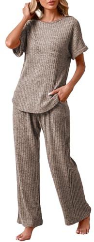 Famulily Wide Leg Loungewear Sets for Women UK Ribbed Knit Leisure Suits Short Sleeve Top and Soft Bottoms Pajamas Nightwear 2 Piece Outfits (L, Coffee)