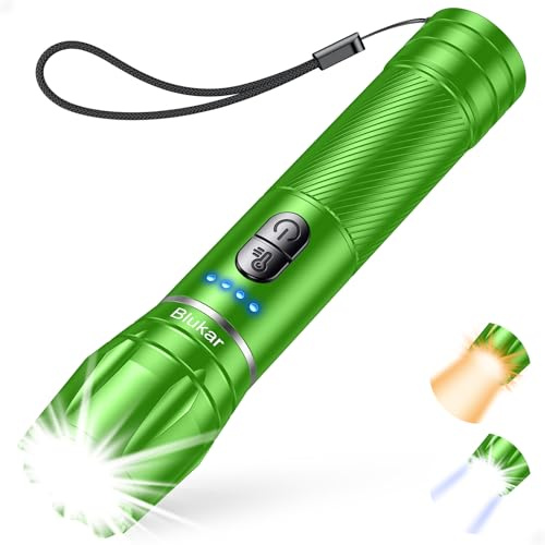Blukar Lampe Torche LED Rechargeable, Lampe de Poche LED Ultra Puissante avec 2 Couleurs, 10 Modes, Zoomable, Longue Durée, Étanche pour Camping/Randonnée/Urgence,Vert émeraude