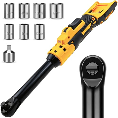 3/8 Extended Electric Ratchet Wrench Kit, Compatible with Dewalt 18V 20V Battery, Cordless Ratchet, 60N.m High Torque, 16cm Extended Head with Light, 8 Sockets (9/10/11/12/13/14/15/17mm)