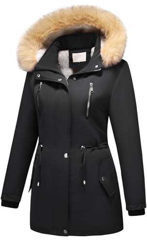 MODFUL Women's Fleece Down Parka Jacket Detachable Hood Warm Sherpa Winter Coat Outerwear (Black, L)
