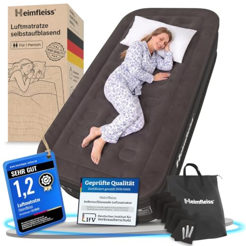 Heimfleiss® Luftmatratze selbstaufblasend 100x200 cm Luftbett 1 Person | Kompaktes Reisebett für spontane Übernachtungen; weiche Beflockung, schneller Aufbau, flexibel & belastbar bis 150 kg