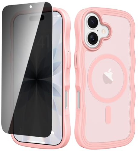 VEGO for iPhone 17 Phone Case [Compatible with MagSafe][with Privacy Screen Protector] Translucent Curly Wave Mate Magnetic Cover Full Body Shockproof Protective for iPhone 17 Case Women Girly-Pink