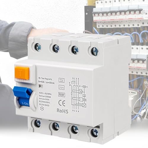 Disjoncteur, Disjoncteur Différentiel 63 A 30 mA 4 Pôles Type B avec Propriétés Isolantes et Ignifuge Disjoncteurs Électriques Rail DIN 35 mm pour Bâtiments Résidentiels Commerciaux et Industriels