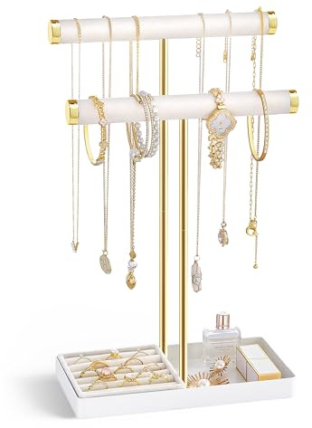 Lolalet 2-Tier Necklace Holder Display, Velvet Wrapped Jewelry Organizer with Removable Ring Tray, Tall Bracelet Stand for Bangles Watches Earrings, Gifts for Mom Girls Women Mother's Day -White