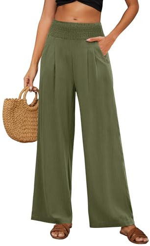 PASUDA Pantalon Femme Été Lin Pantalons Taille Haute Elastique Ample Pantacourt Coton Grande Longueur Palazzo Pants Jambe Large Fluide Droit Décontractée avec Poches (Vert, XXL)