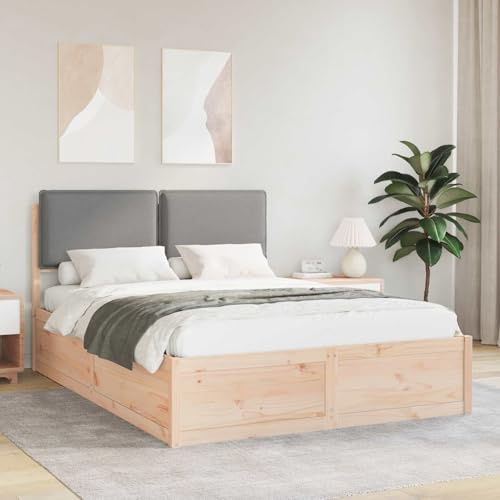 Yunovire Bettgestell mit gepolstertem Kopfteil Hellgrau, 140x200 cm Kiefernholz, modernes Doppelbett für Schlafzimmer, kein Boxspring