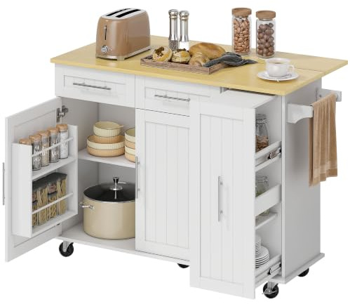 HOMCOM Kücheninsel mit Ausziehbarer Arbeitsplatte Rollen 129x65x91cm Weiß | 2 Schubladen, 2 Soft-Close-Türe, 3-Stufiges Ausziehfach, Servierwagen mit Handtuchhalter, Küchenschrank, Küchenwagen