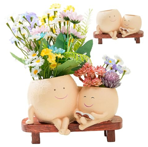 CAKEEYUM Maceta con Cara Sonriente: Divertida Maceta para suculentas y Flores pequeñas, de Resina, con Orificio de Drenaje para Uso en Interiores y Exteriores. Macetas Caqui Divertidas, con Cara, b