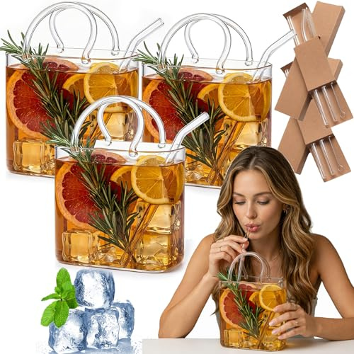 Glass Purse for Drinks, Purse Glasses for Drinks, 26Oz Creative Drinking Glasses with Straws, Handbag Shaped Cocktail Glass, Unique Wine Glasses Purse Gifts for Women Party, Fish Bowl Vase (3Pcs)