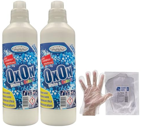 SET: 2x Hygienfresh Additivo OXON Per Capi Bianchi e Colorati. Smacchia, Igienizza, Toglimacchia e Ravviva i Colori 1000ml + 100pz Guanti HDPE Monouso