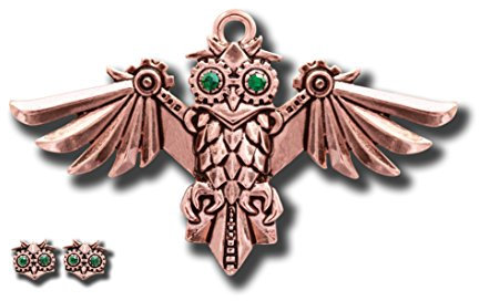 ANNE STOKES Aviamore Eule – Steampunk Uhrwerk Vogel Anhänger Halskette & Ohrringe Set – für die Freiheit des Geistes – Engineerium, Kupfer