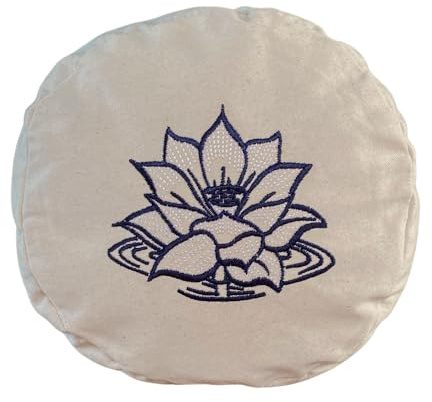 Round Buckwheat Hull-Filled Yoga Bolster with Embroidered Cotton Cover, 63 × 23 cm (Natural Cotton, Lotus Em, One Size)