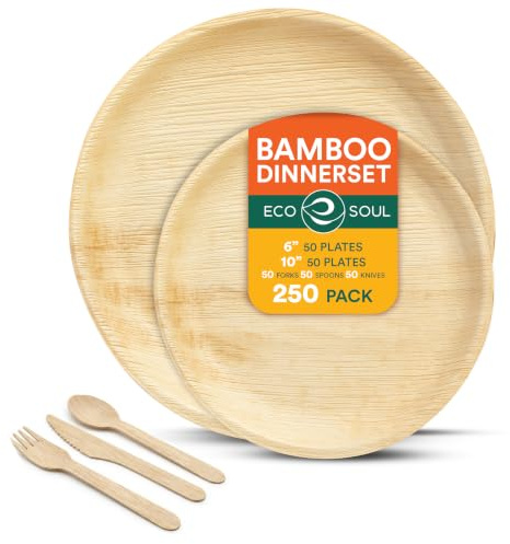ECO SOUL 100% kompostierbares Palmblatt-Geschirrset – Runde Teller 10″ & 6″ (je 50 Stück) inkl. Gabel, Messer & Löffel (je 50 Stück), nachhaltig & umweltfreundlich