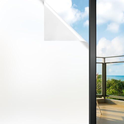 Funfox Fensterfolie Blickdicht Selbstklebend, Statische Milchglasfolie mit UV-Schutz, Sichtschutzfolie Weiß Matt für Bad Büro Schlafzimmer, Ohne Kleber Einfach Entfernen, 90x400cm