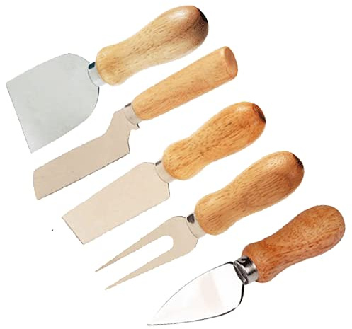 Hongu Set di 5 Coltelli da Formaggio in Acciaio Inox con Manico in Legno, Set di Coltellini per Formaggi, Mini Coltelli da Formaggio, per Insalata di Formaggi da Dessert (Set di coltelli)