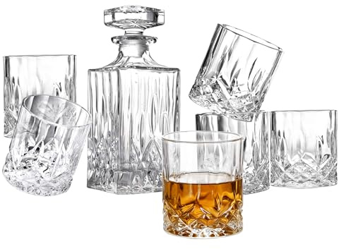 BETESINE Whiskey Decanter Set with 6 Glasses, 750ml Lead-Free Crystal