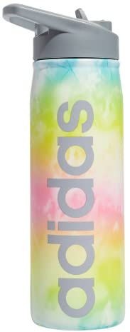 adidas 600 ML (20 oz) Straw Top Metal Water Bottle, Hot/Cold Double-Walled Insulated 18/8 Stainless Steel, Stone Wash Rainbow/Grey, 20 Ounces