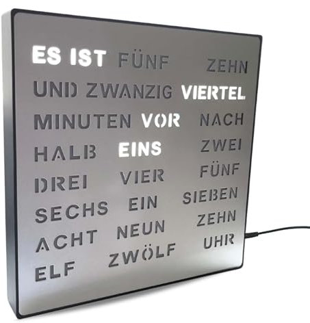 Bada Bing LED Wortuhr Silber mit Deutscher Wort Anzeige - edle Metall Uhr mit USB Kabel Wanduhr modern - Tischuhr hochwertig lautlos zum Aufstellen/Aufhängen - Deko Geschenk Männer Büro Wohnzimmer