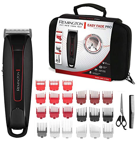 Remington Tondeuse Cheveux [Spécial Dégradé] Easy Fade Pro(Lames en Acier Auto Affutées amovibles,Ultra Rapide, Sabots 1,5-25mm: 9 Coupe fixe + 10 Coupe dégradée, Avec/Sans fil-120 min,Malette) HC550
