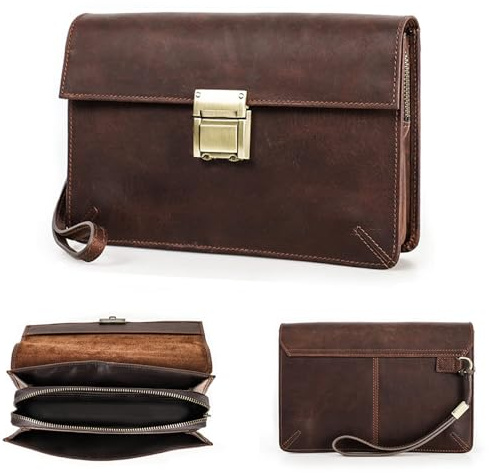 Contacts Herren-Leder-Clutch Geschäftsreise Reißverschluss-Clutch mit Zahlenschloss Lange Retro-Brieftasche mit Handschlaufe