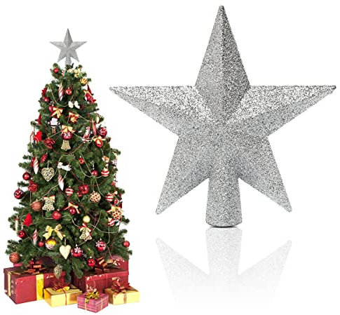 Etoile Sapin de Noël, Décoration de Sapin de Noël à Paillettes, Décoration de Sapin de Noël en Plastique, Convient pour la Décoration des Arbres de Noël de Toute Taille, 20 cm, Argent