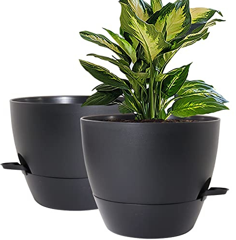 WOUSIWER 10 inch Self Watering Planters, 2 Pack Large Plastic Plant Pots with Deep Reservior and High Drainage Holes for Indoor Outdoor Plants and Flowers, Black