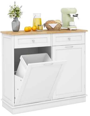 COSTWAY Sideboard with Trash Bin Hamper, Rubber Wood Top Tilt-out Trash Cabinet, Freestanding Storage Cupboard Unit for Kitchen Laundry, No Trash Can (White)