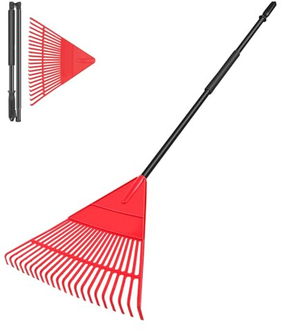 Garden Leaf Rake, 60 Garden Rakes with Foldable Lightweight Steel Handle, 22 Tines Plastic Head Shrub Rake, Folding Yard Garden Rake for Shrub, Lawns, Grass, Flower Beds Leaves Cleaning, Black & Red