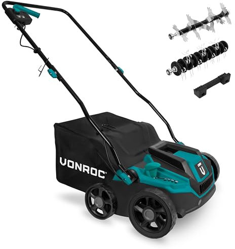 VONROC Arieggiatore/Scarificatore 1300W - Rullo Scarificatore e Aeratore, Cassetta Raccogli Sfalci 35L, Profondità Regolabile, Sicuro e Compatto