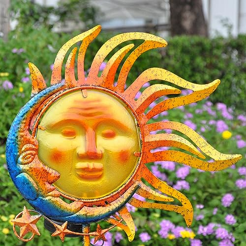 Solar Light Outdoor Garden Decor Colorful Metal & Glass Sun Moon Star Stake