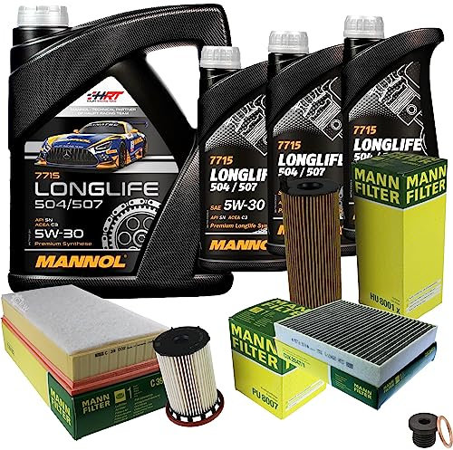 EISENFELS Filter Set Inspektionspaket erstellt mit 8 L Motoröl MANNOL Longlife 504/507 5W-30, MANN-FILTER Ölfilter, Luftfilter, Innenraumfilter, Kraftstofffilter, Verschlussschraube