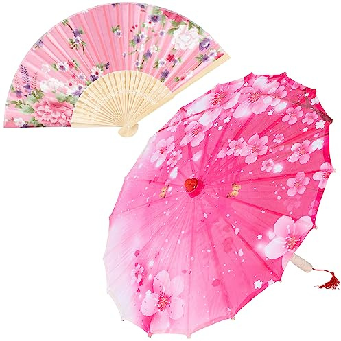 Hand Made Japanese Oriental Parasol Dancing Umbrella 22 inch with Hand held Silk Folding Fans for Kids(Pink)