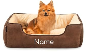 lionto Lit pour Chien 2-en-1 avec entrée Confortable, Couchage Douillet réversible pour Chiens et Chats, 80x60 cm, Coussin pour Chien en suédine Facile d'entretien, Marron/Beige (avec nom imprimé)