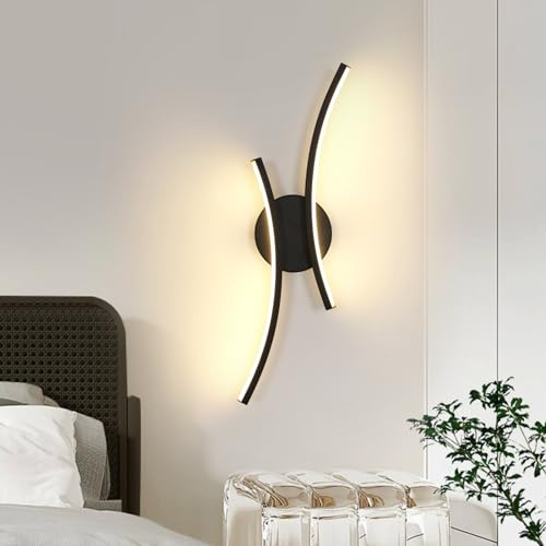 Goeco Modern LED Wall Light, 20W Black Indoor Wall Lamp with 2 LED Strips, 3000K Warm Light, Curved Design LED Wall Sconce in Acrylic for Bedroom, Living Room, Corridor, Hallway