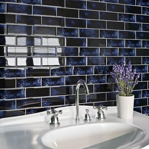 Livelynine Klebefliesen Küche Blau Fliesenaufkleber Bad 3D 30x30CM Abwaschbar Metro Fliesen Selbstklebend Blau Wandfliesen Selbstklebend Küchenrückwand Fliesenfolie Badezimmer Dunkelblau, 4 Stück