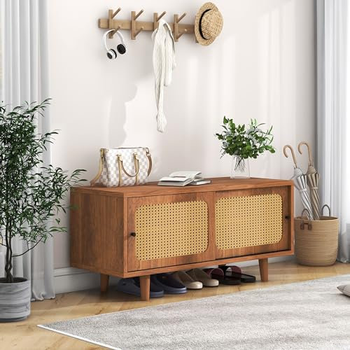 Aunvla Zapatero de ratán con 2 puertas con estante ajustable, color nogal, elegante zapatero para pasillo, salón y dormitorio, 104 x 40 x 48 cm
