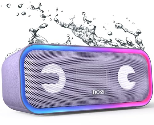 DOSS SoundBox Pro+ Bluetooth Lautsprecher, 24W Stereo Sound, Extra Bass, 15h Akku, IPX6 Wasserdicht, Bunten Lichtshow, Stereo Pairing, Musikbox Bluetooth für Handy, Draußen, Strand, Zuhause - Violett
