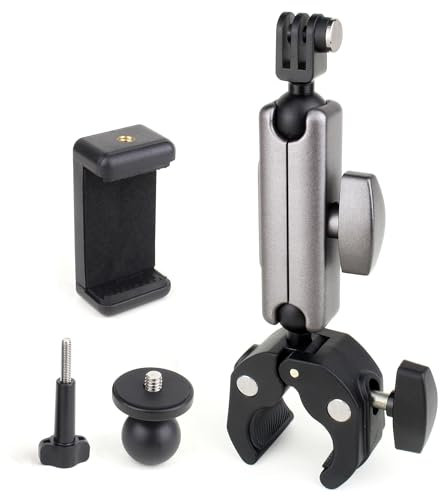 GEPULY Super Camera Clamp Mount Gopro Accessories, Dual 360°Ball Head Magic Arm Adapters with 1/4''-20 Screw, Universal Phone Holder Mount for Bike Handlebar Fence Desk Tree Pole Tripod