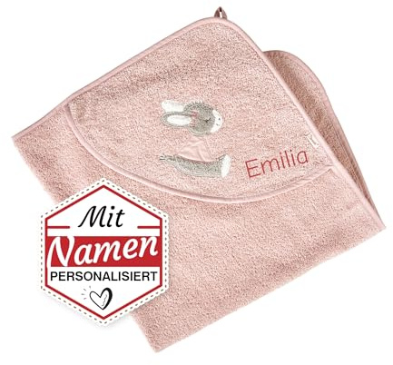LALALO Sterntaler Kapuzenhandtuch Emmi Girl mit Namen Bestickt für Mädchen, Frottee Baby Badetuch Badehandtuch/Rosa Kinder-Badetuch mit Kapuze personalisiert (80x80, Zartrosa)