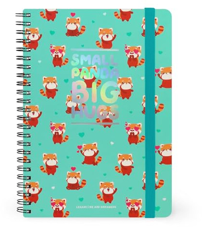 Legami - Cahier à rayures avec spirale large - Format A5, Cahier spiral, contient 1 feuille d'autocollants, 160 pages détachables, en papier FSC, élastique de fermeture, 15 x 21 cm, thème Red Panda