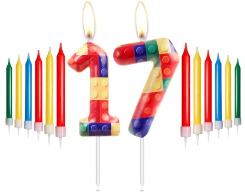 mciskin blocchi tema candele per compleanno, numero 17 candele, rosso, giallo, verde, blu, candle per torte,colore candles per ragazzi e ragazze 17° compleanno decorazioni per feste