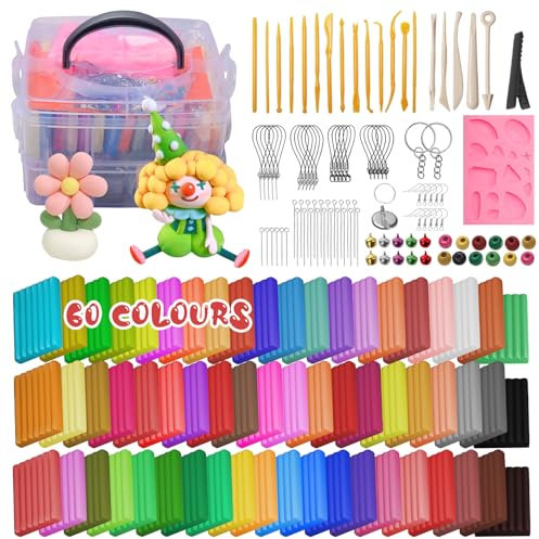 KIMIGO Argilla Polimerica - 60 Blocchi Kit Forno Morbido Cuocere Argilla,Argilla da Modellare Colorata Set,Polimerica Ultra Leggera con Strumenti di Modellazione DIY Craft Clay Set per Bambini