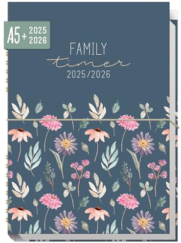 Häfft® Family-Timer 2025/2026 A5 Flying Flowers Familienkalender 4 Spalten, Buchkalender Familienplaner für 18 Monate: Juli 25 bis Dez 26 - nachhaltig & klimafreundlich