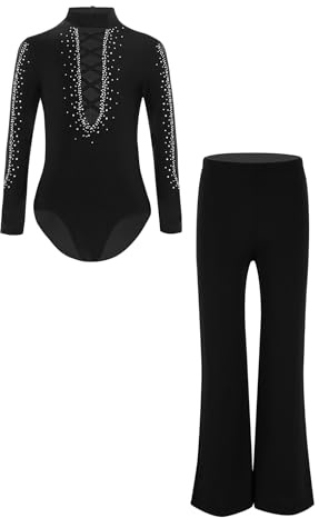 RUNQHUI Tenue de Patinage Artistique Garçon Enfant Chemise Justaucorps et Pantalon Danse Ensemble Danse Latine Noir 9-10 ans