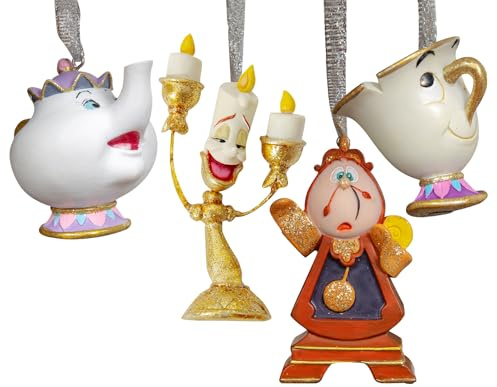 Disney - Set mit 4 Beauty & The Beast Harz-Hängedekorationen - Cogsworth, Chip, Lumiere & Mrs. Potts - Weihnachtsbaum-Glitzer-Ornamente - Lizenzierte Geschenkartikel & Wohnaccessoires.