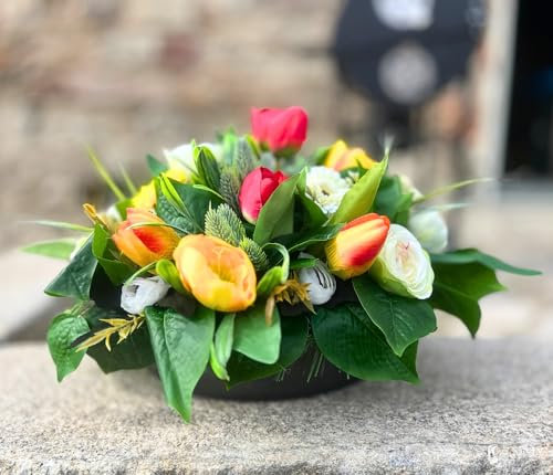 Blumenschale mit künstlichen Tulpen & Rosen in Gelb Rot Cremeweiß | Grab- oder Tischdekoration | 30x25cm für Kolumbarium Urnengrab | dauerhafte Alternative zu frischen Blumen | Innen & Außen