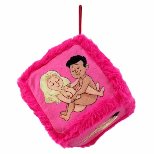 Sex Würfel aus Plüsch – 12 x 12 cm – Mit Motiven & Schlaufe – Weicher Plüsch-Rand – Lustiges Erotik-Gadget (Pink)