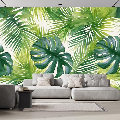 Carta da Parati Acquerello Monstera Fotografica effetto 3D Foglie Di Palma Verdi Poster Gigante Murale Decorazione per Soggiorno, Camera da Letto, Tv Parete 200x140cm