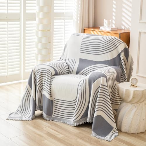 WEYOND Boho Chenille Couch Cover with Tassels, Bohemian Sofa Cover for 1 Cushion Couch, Armchair, Chair, 1 Seater (180 x 230 cm, Grey)